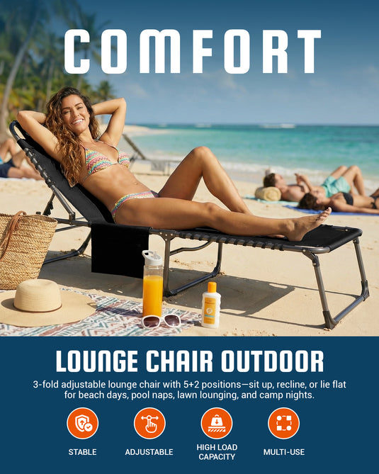 KingCamp Heavy Duty Folding Sun Lounger with Pillow & Side Pocket, 400lb Capacity Outdoor Chaise Black stable and high load capacity