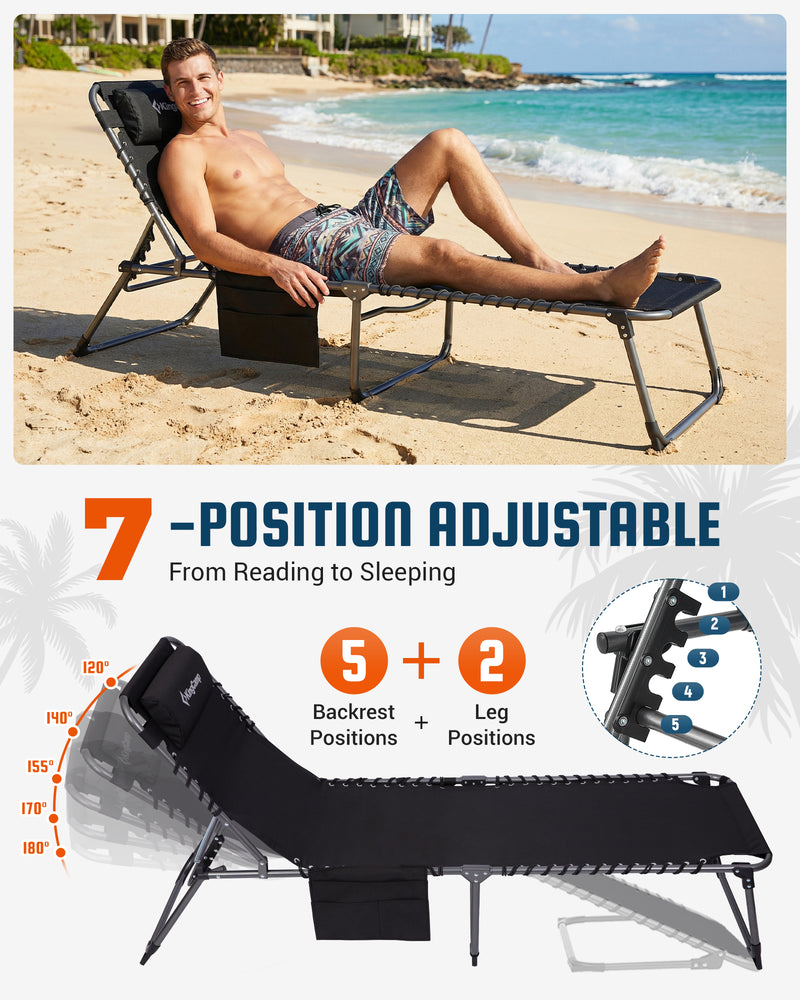 Load image into Gallery viewer, KingCamp Heavy Duty Folding Sun Lounger with Pillow &amp; Side Pocket, 400lb Capacity Outdoor Chaise Black 5-Position Adjustable Backrest (120°–180°)
