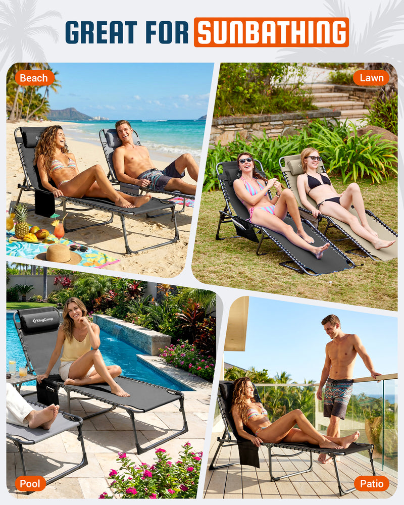 Load image into Gallery viewer, KingCamp Heavy Duty Folding Sun Lounger with Pillow &amp; Side Pocket, 400lb Capacity Outdoor Chaise for sunbathing
