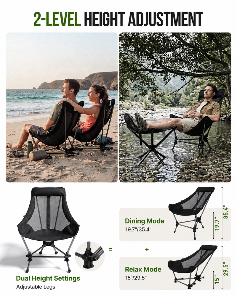 Load image into Gallery viewer, KingCamp High Back Camping Chair with Gentle Sway, 2-Height Adjustable Folding Chair Dual Height Settings Adjustable Legs
