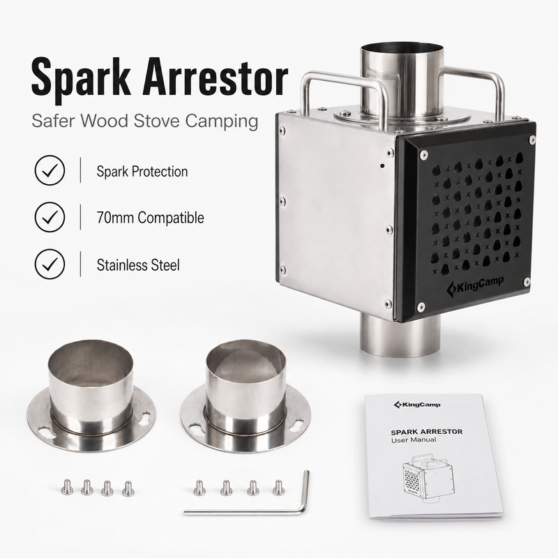 Load image into Gallery viewer, KingCamp Hot Tent Stove Spark Arrestor, 70mm Stainless Steel Chimney Attachment with Secondary Airflow, Heat Shield &amp; Dual Adapters
