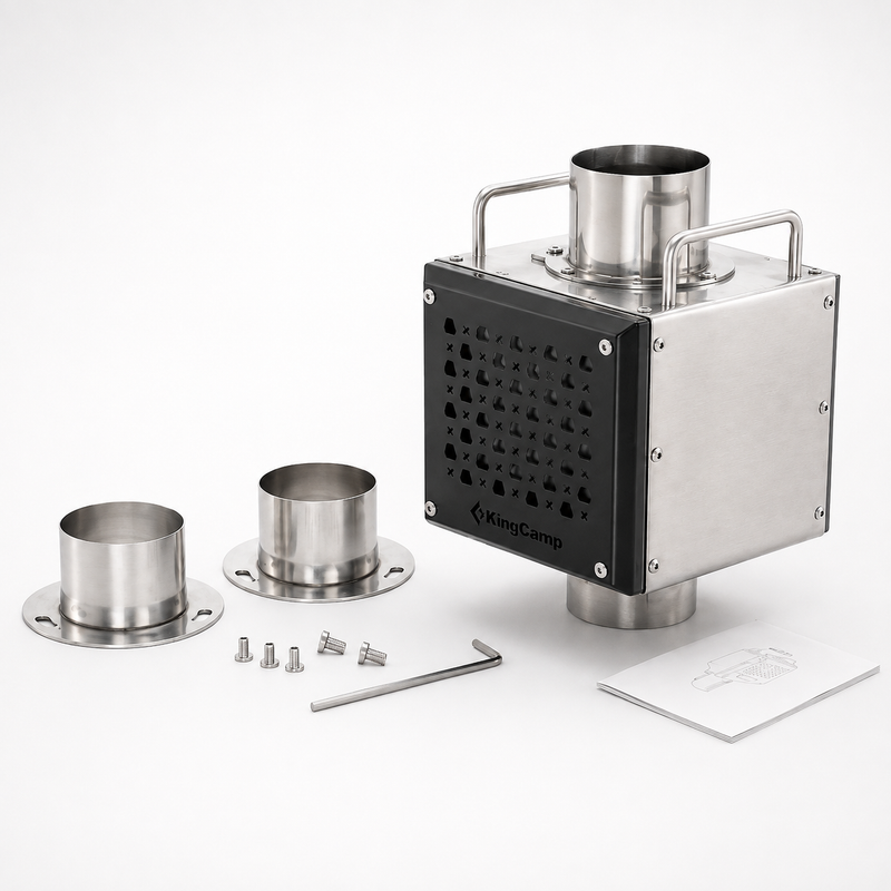 Load image into Gallery viewer, KingCamp Hot Tent Stove Spark Arrestor, 70mm Stainless Steel Chimney Attachment with Secondary Airflow, Heat Shield &amp; Dual Adapters
