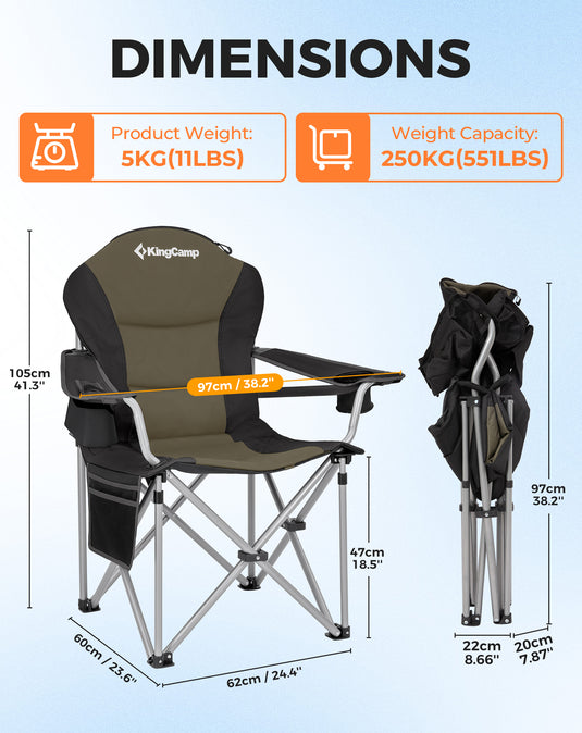 KingCamp JUNIPER C10 PLUS Heavy Duty Folding Camping Chair | 550lb Capacity Oversized Camp Chair with Lumbar Support