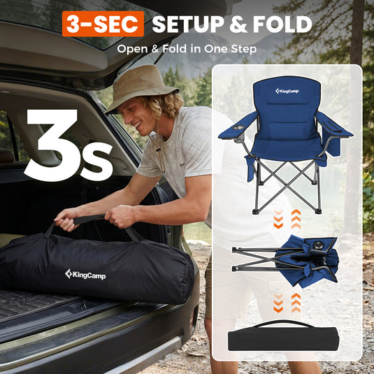 KingCamp JUNIPER PLUS Padded Outdoor Folding Armchair | Quilted Camp Chair with Built-in Cooler Pouch, Cup Holder & Side Pocket, 440lb Capacity, Ergonomic High-Back for Camping, Tailgating & Lawn Blue