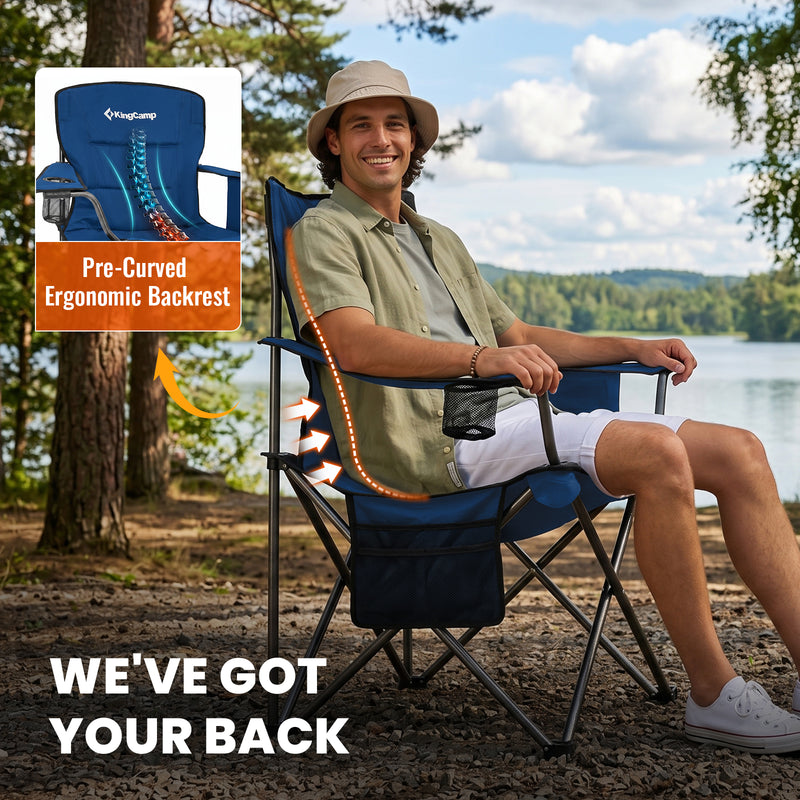 Load image into Gallery viewer, KingCamp JUNIPER PLUS Padded Outdoor Folding Armchair | Quilted Camp Chair with Built-in Cooler Pouch, Cup Holder &amp; Side Pocket, 440lb Capacity, Ergonomic High-Back for Camping, Tailgating &amp; Lawn Blue
