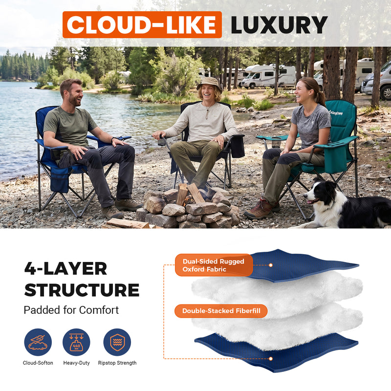 Load image into Gallery viewer, KingCamp JUNIPER PLUS Padded Outdoor Folding Armchair | Quilted Camp Chair with Built-in Cooler Pouch, Cup Holder &amp; Side Pocket, 440lb Capacity, Ergonomic High-Back for Camping, Tailgating &amp; Lawn Blue
