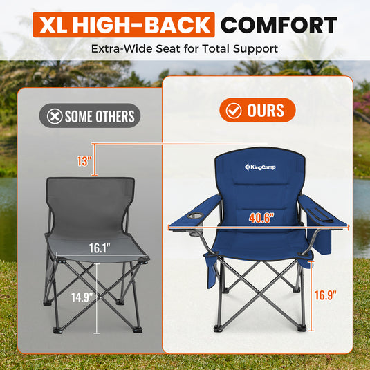 KingCamp JUNIPER PLUS Padded Outdoor Folding Armchair | Quilted Camp Chair with Built-in Cooler Pouch, Cup Holder & Side Pocket, 440lb Capacity, Ergonomic High-Back for Camping, Tailgating & Lawn Blue