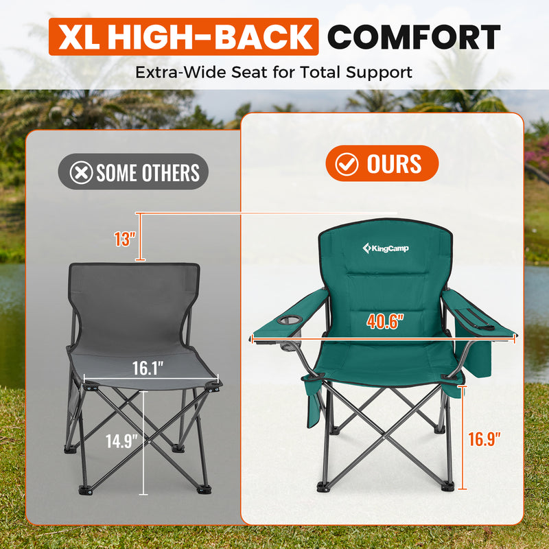 Load image into Gallery viewer, KingCamp JUNIPER PLUS Padded Outdoor Folding Armchair | Quilted Camp Chair with Built-in Cooler Pouch, Cup Holder &amp; Side Pocket, 440lb Capacity, Ergonomic High-Back for Camping, Tailgating &amp; Lawn Green
