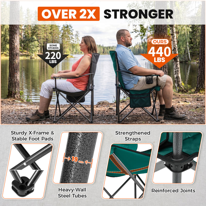 Load image into Gallery viewer, KingCamp JUNIPER PLUS Padded Outdoor Folding Armchair | Quilted Camp Chair with Built-in Cooler Pouch, Cup Holder &amp; Side Pocket, 440lb Capacity, Ergonomic High-Back for Camping, Tailgating &amp; Lawn Green
