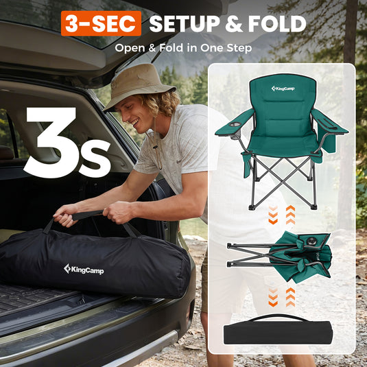 KingCamp JUNIPER PLUS Padded Outdoor Folding Armchair | Quilted Camp Chair with Built-in Cooler Pouch, Cup Holder & Side Pocket, 440lb Capacity, Ergonomic High-Back for Camping, Tailgating & Lawn Green