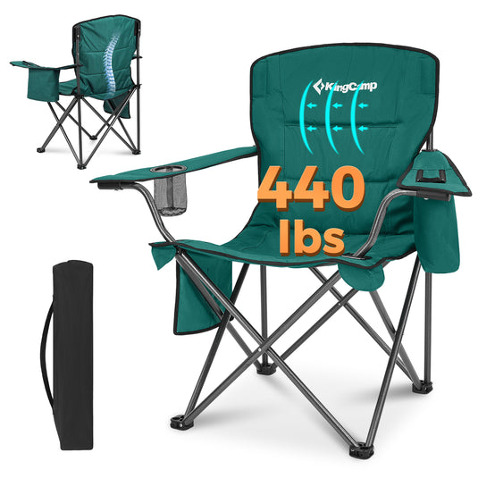 KingCamp JUNIPER PLUS Padded Outdoor Folding Armchair | Quilted Camp Chair with Built-in Cooler Pouch, Cup Holder & Side Pocket, 440lb Capacity, Ergonomic High-Back for Camping, Tailgating & Lawn Green