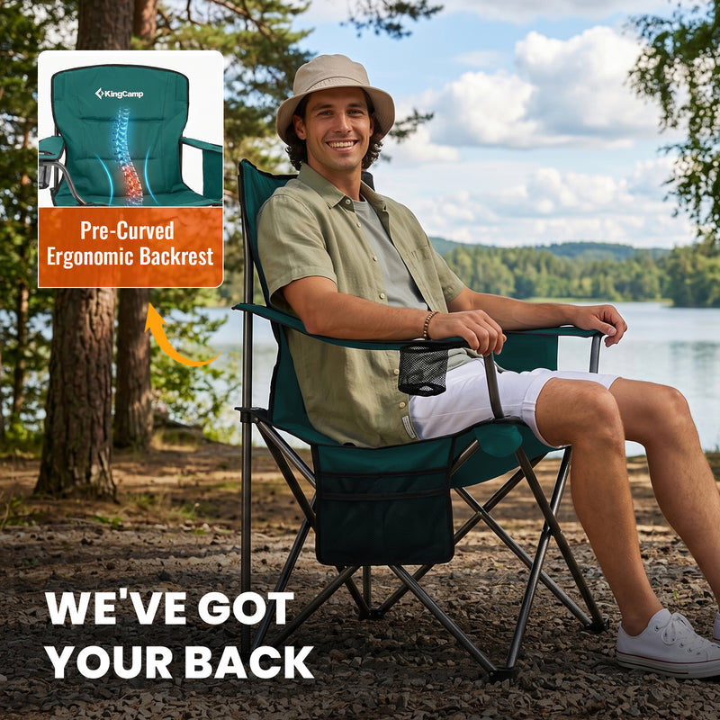 Load image into Gallery viewer, KingCamp JUNIPER PLUS Padded Outdoor Folding Armchair | Quilted Camp Chair with Built-in Cooler Pouch, Cup Holder &amp; Side Pocket, 440lb Capacity, Ergonomic High-Back for Camping, Tailgating &amp; Lawn Green
