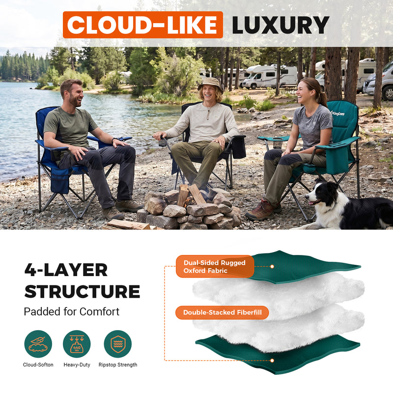 Load image into Gallery viewer, KingCamp JUNIPER PLUS Padded Outdoor Folding Armchair | Quilted Camp Chair with Built-in Cooler Pouch, Cup Holder &amp; Side Pocket, 440lb Capacity, Ergonomic High-Back for Camping, Tailgating &amp; Lawn Green
