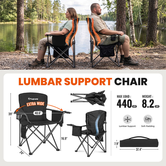 KingCamp JUNIPER PLUS Padded Outdoor Folding Armchair | Quilted Camp Chair with Built-in Cooler Pouch, Cup Holder & Side Pocket, 440lb Capacity, Ergonomic High-Back for Camping, Tailgating & Lawn