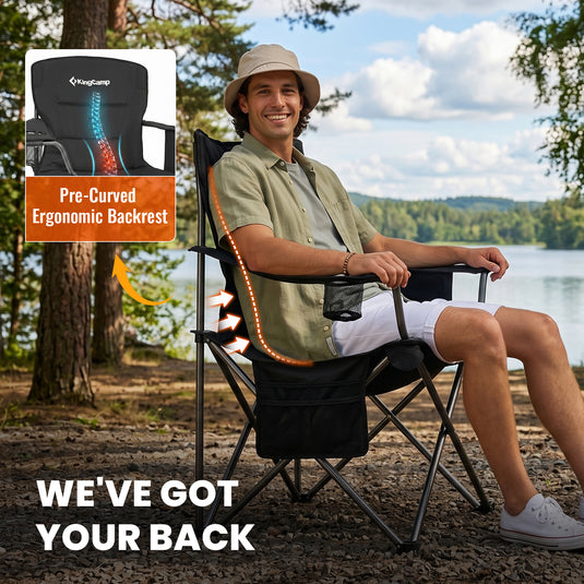 KingCamp JUNIPER PLUS Padded Outdoor Folding Armchair | Quilted Camp Chair with Built-in Cooler Pouch, Cup Holder & Side Pocket, 440lb Capacity, Ergonomic High-Back for Camping, Tailgating & Lawn