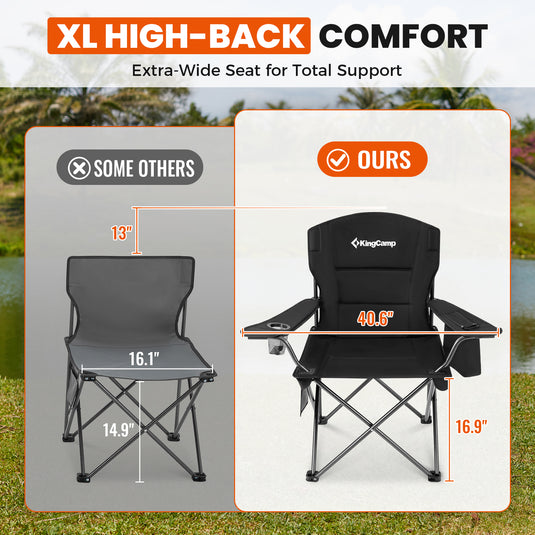 KingCamp JUNIPER PLUS Padded Outdoor Folding Armchair | Quilted Camp Chair with Built-in Cooler Pouch, Cup Holder & Side Pocket, 440lb Capacity, Ergonomic High-Back for Camping, Tailgating & Lawn