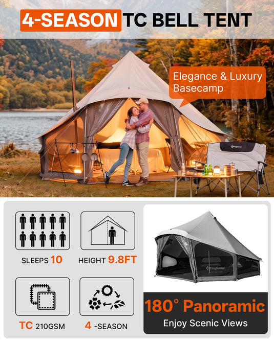 KingCamp KHAN LIGHT Hot Tent with Stove Jack, Canvas Bell Tent for Winter Camping 8-10 Persson