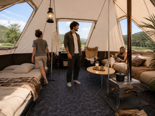 KingCamp KHAN VILLA 15FT TC Canvas Glamping Tent, 4-6 Person 4-Season Cabin Tent with Stove Jack, 2 Bedrooms + Living Room