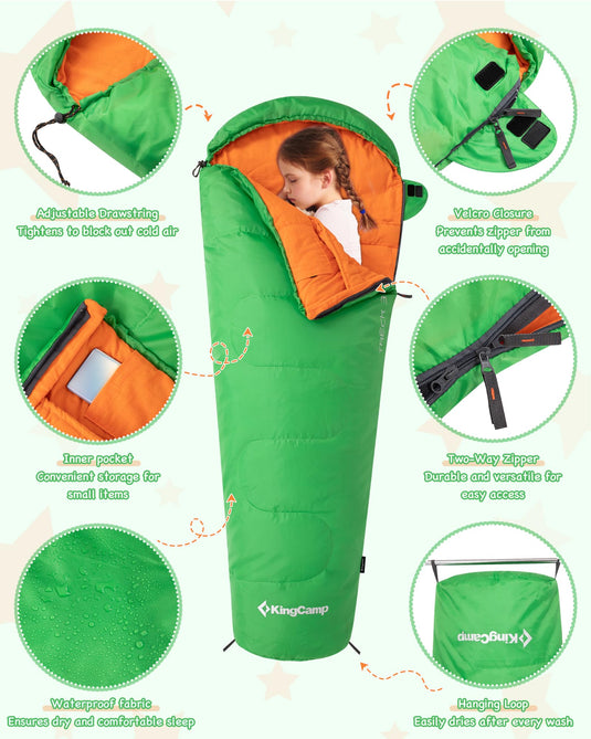 KingCamp Kids Mummy Sleeping Bag with Inner Pocket and Waterproof Fabric