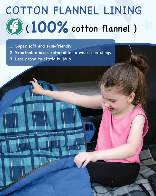 KingCamp Kids Mummy Sleeping Bag - 100% Cotton Flannel Lining