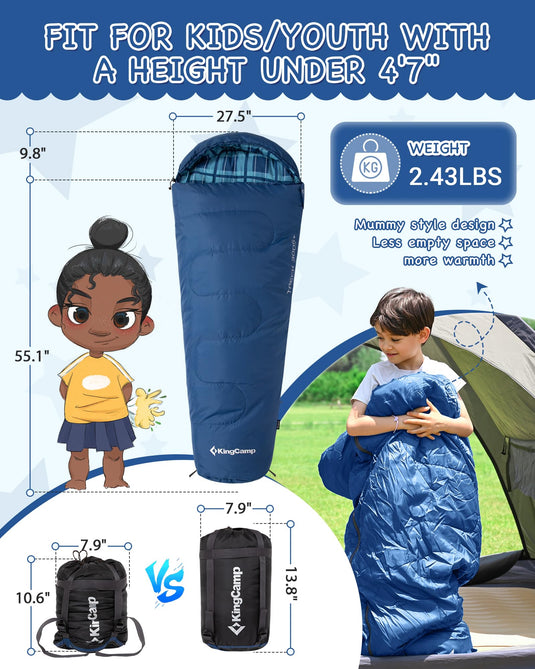 KingCamp Kids Mummy Sleeping Bag - 3-Season Warm & Snug Fit for Camping, Ages 8-12 (up to 4'7" Tall)