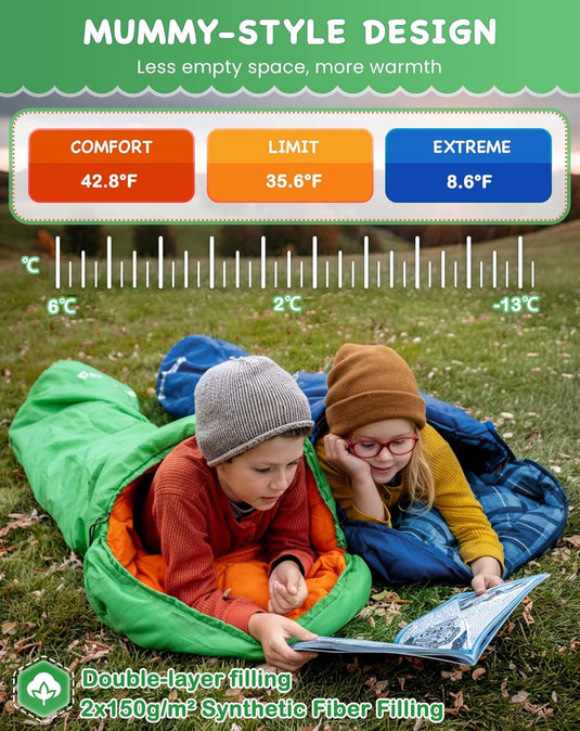 KingCamp Kids Mummy Sleeping Bag - 3-Season Warm & Snug Fit for Camping, Ages 8-12 (up to 4'7" Tall) Navy