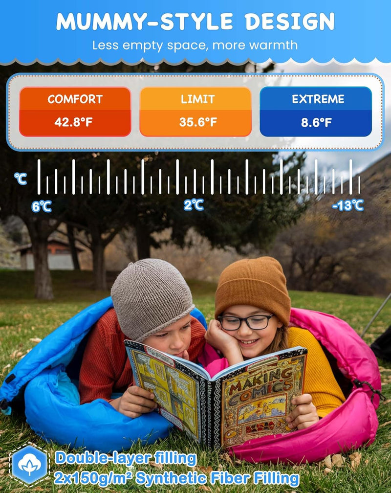 Load image into Gallery viewer, KingCamp Kids Mummy Sleeping Bag - 3-Season Warm &amp; Snug Fit for Camping, Ages 8-12 (up to 4'7" Tall) Rose Red
