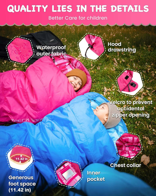 KingCamp Kids Mummy Sleeping Bag - 3-Season Warm & Snug Fit for Camping, Ages 8-12 (up to 4'7" Tall) Rose Red
