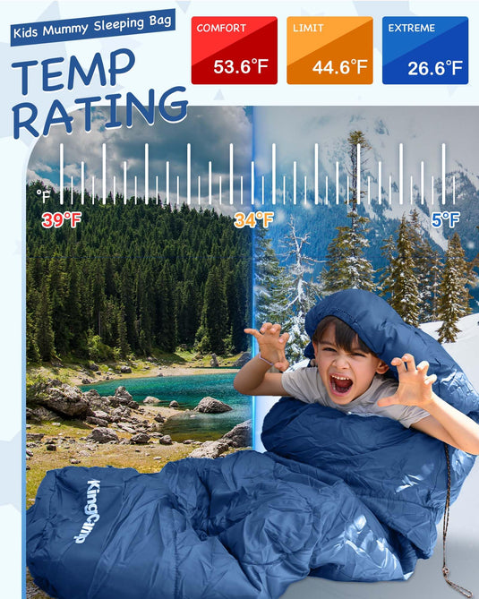KingCamp Kids Mummy Sleeping Bag - Temperature Rating: 12°C / 7°C / -3°C (54°F / 45°F / 26°F)