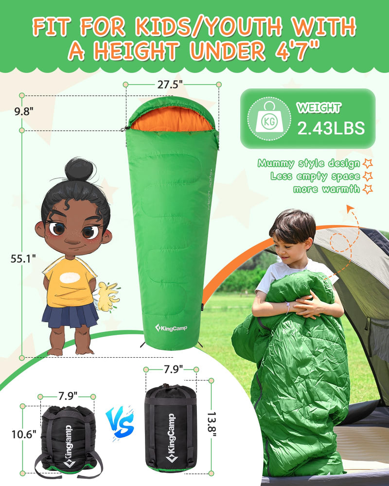 Load image into Gallery viewer, KingCamp Kids Mummy Sleeping Bag - 3-Season Warm &amp; Snug Fit for Camping, Ages 8-12 (up to 4&#39;7&quot; Tall)
