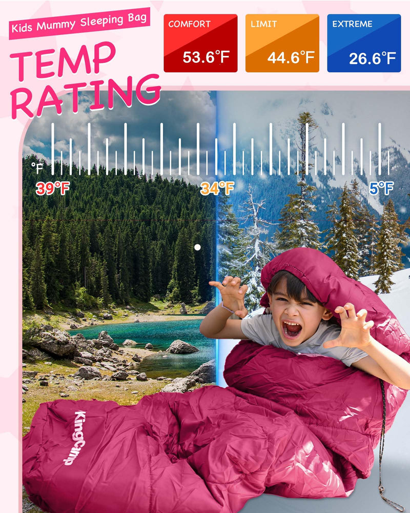 Load image into Gallery viewer, KingCamp Kids Mummy Sleeping Bag Pink - 100% Cotton Flannel Lining Temperature Rating: 12°C / 7°C / -3°C (54°F / 45°F / 26°F)
