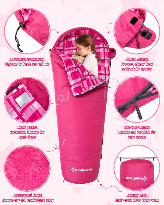 KingCamp Kids Mummy Sleeping Bag with Adjustable Drawstring Tightens to Block out cold air