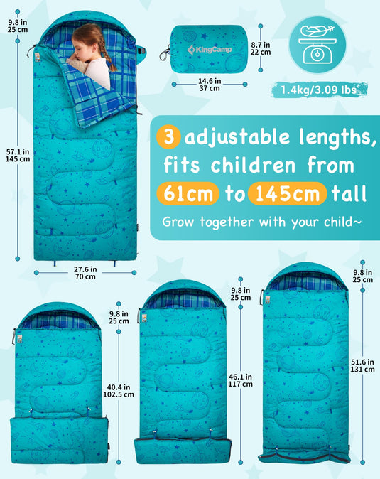 KingCamp Kids Sleeping Bag Children 3-4 Season Winter Flannel Liner Cotton Warm Lightweight Single for Camping Hiking Backpacking Outdoor with Compression Sack for Girls Boys