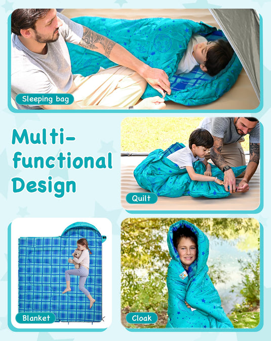 KingCamp Kids Sleeping Bag Children 3-4 Season Winter Flannel Liner Cotton Warm Lightweight Single for Camping Hiking Backpacking Outdoor with Compression Sack for Girls Boys