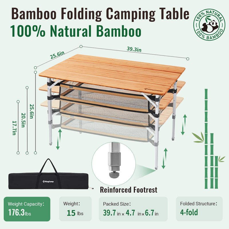 Load image into Gallery viewer, KingCamp Large 4-Folding Bamboo Table with Mesh Storage, Portable Camping Table for 4-5 Person
