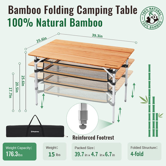 KingCamp Large 4-Folding Bamboo Table with Mesh Storage, Portable Camping Table for 4-5 Person
