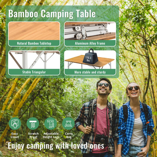 KingCamp Large 4-Folding Bamboo Table with Mesh Storage, Portable Camping Table for 4-5 Person