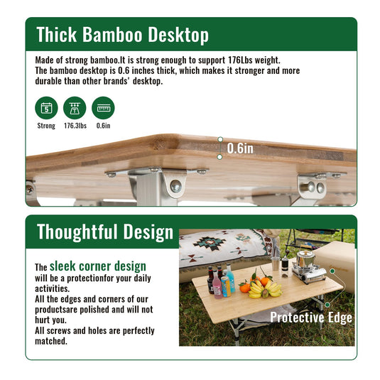 KingCamp Large 4-Folding Bamboo Table with Mesh Storage, Portable Camping Table for 4-5 Person