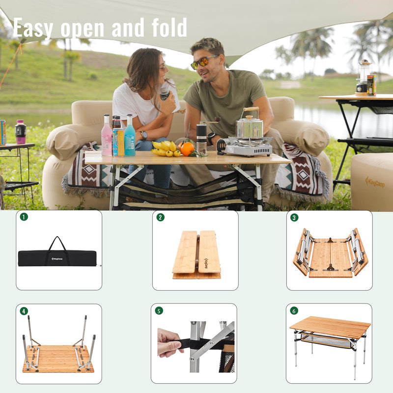 Load image into Gallery viewer, KingCamp Large 4-Folding Bamboo Table with Mesh Storage, Portable Camping Table for 4-5 Person
