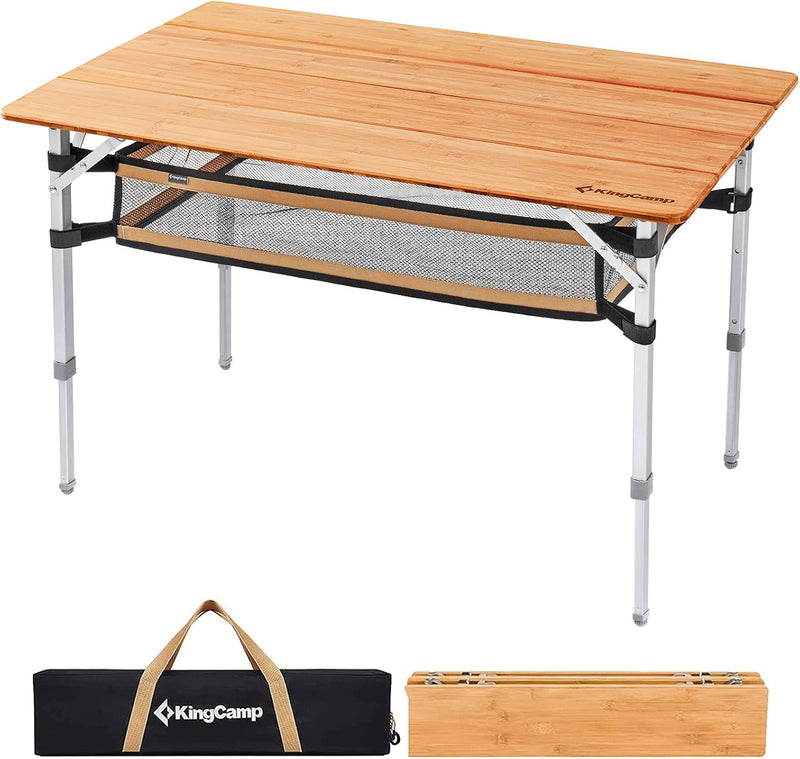 Load image into Gallery viewer, KingCamp BamAura 4Fold 10065+ PLUS Bamboo Folding Camping Table | 4-Fold Portable Picnic Table with Adjustable Legs (17.7"-25.6"), 176lb Capacity, Mesh Storage Shelf for Outdoor Beach Tailgating
