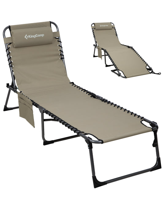 KingCamp MAGNOLIA B10 Lounge Chair | 7-Position Adjustable Folding Sun Lounger with Pillow & Side Pocket, 400lb Capacity Outdoor Chaise