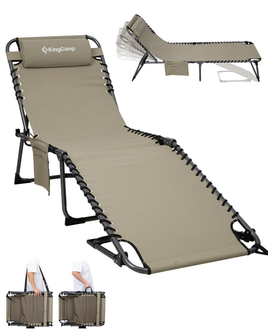 KingCamp MAGNOLIA B10 Lounge Chair | 7-Position Adjustable Folding Sun Lounger with Pillow & Side Pocket, 400lb Capacity Outdoor Chaise