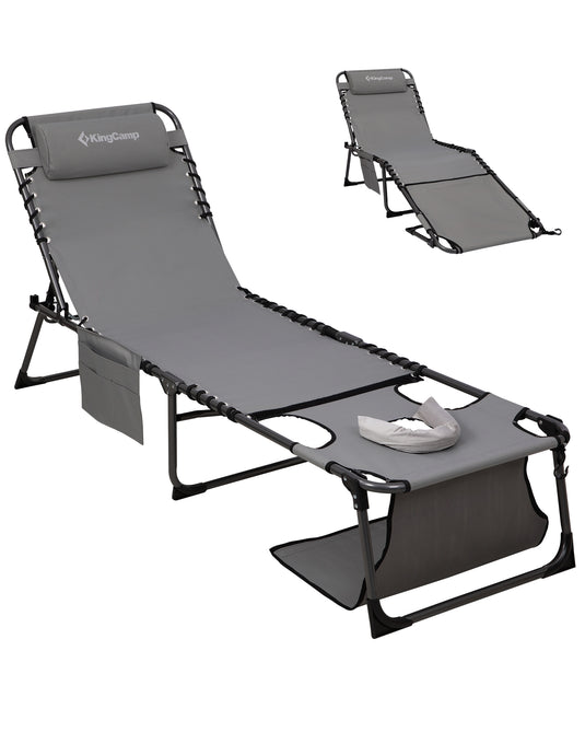 KingCamp MAGNOLIA B20 Folding Lounge Chair with Face Hole | 7-Position Adjustable Sun Lounger, 400lb Capacity Tri-Fold Beach Chair Grey