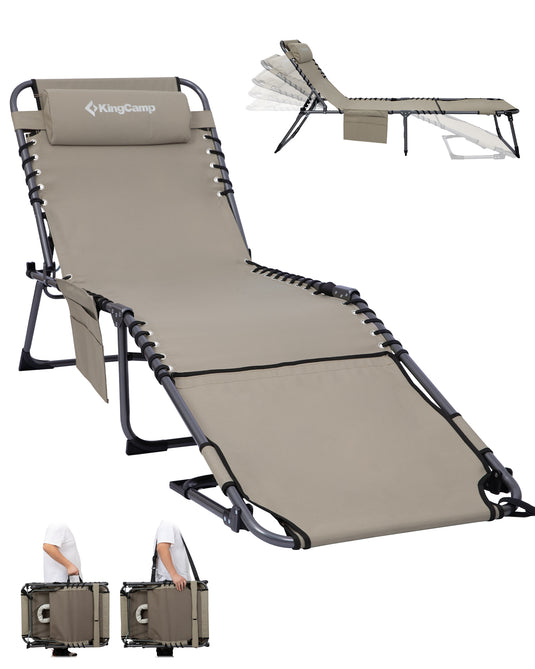 KingCamp MAGNOLIA B20 Folding Lounge Chair with Face Hole | 7-Position Adjustable Sun Lounger, 400lb Capacity Tri-Fold Beach Chair Beige