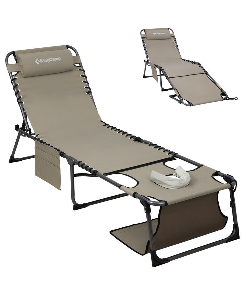 Load image into Gallery viewer, KingCamp MAGNOLIA B20 Folding Lounge Chair with Face Hole | 7-Position Adjustable Sun Lounger, 400lb Capacity Tri-Fold Beach Chair Beige
