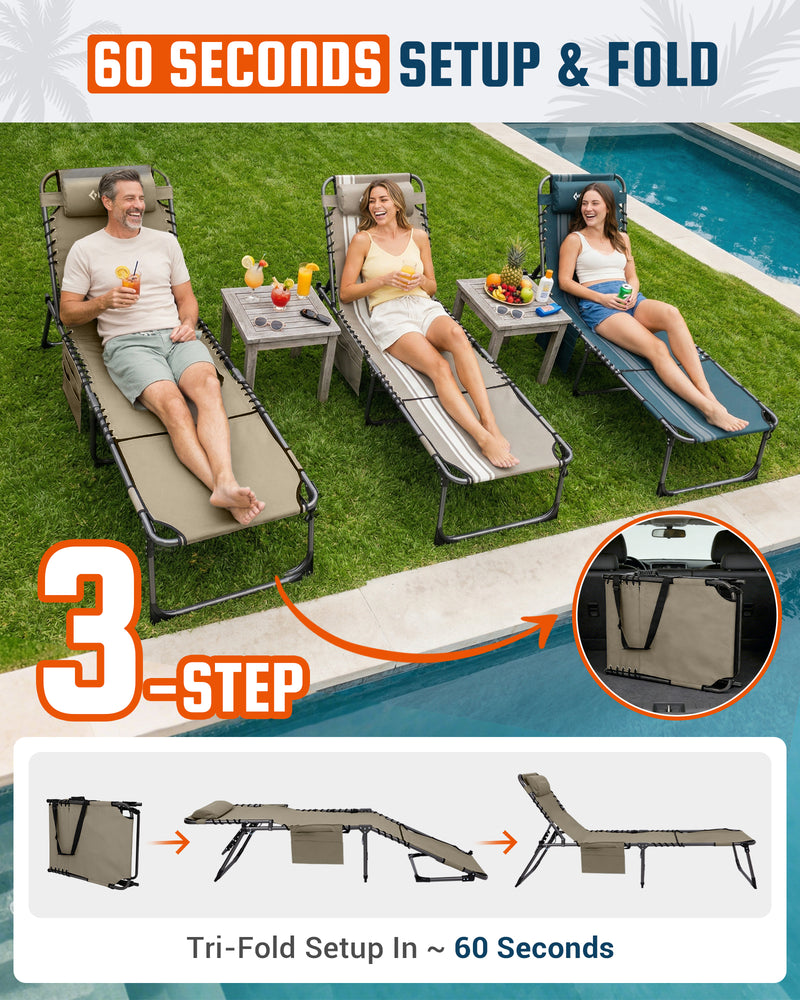 Load image into Gallery viewer, KingCamp MAGNOLIA B20 Folding Lounge Chair with Face Hole | 7-Position Adjustable Sun Lounger, 400lb Capacity Tri-Fold Beach Chair Beige
