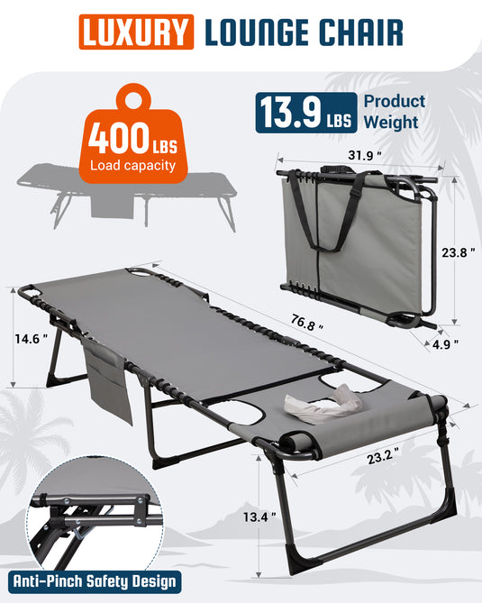 KingCamp Luxu Folding Lounge Chair with Face Hole | 7-Position Adjustable Sun Lounger, 400lb Capacity Tri-Fold Beach Chair with Detachable Side Pocket & Pillow for Outdoor Patio Pooly