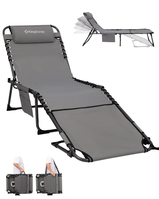 KingCamp MAGNOLIA B20 Folding Lounge Chair with Face Hole | 7-Position Adjustable Sun Lounger, 400lb Capacity Tri-Fold Beach Chair Grey