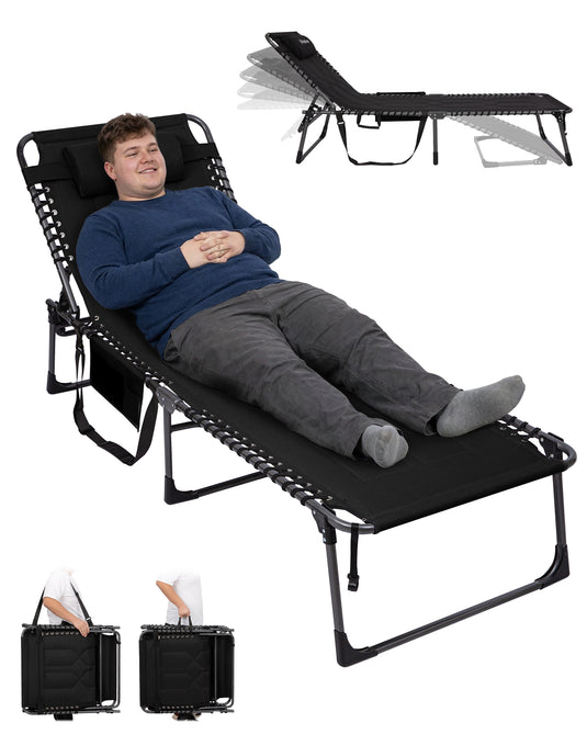 KingCamp MAGNOLIA B40 Oversized Padded Lounge Chair Extra-Wide & Long 7-Position Folding Sun Lounger Black