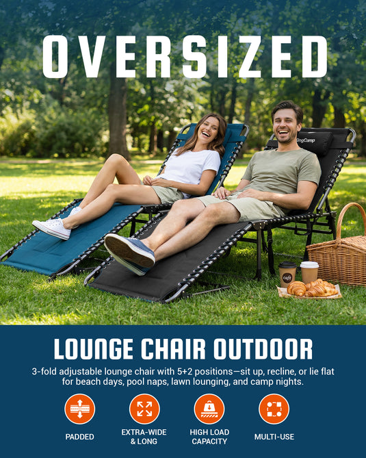 KingCamp Oversized Padded Lounge Chair 3-fold adjustable lounge chair with 5+2 positions-sit up, recline, or lie 
for beach days, pool naps, lawn lounging, and camp nights.